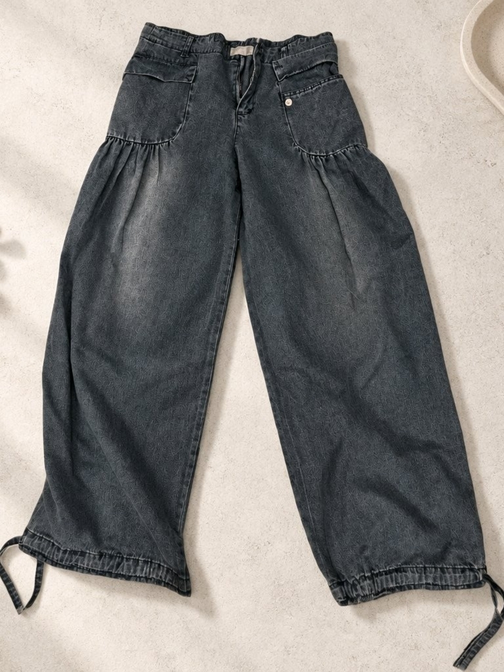 Washed Black Wide-Leg Denim Pants with Drawcord Hems